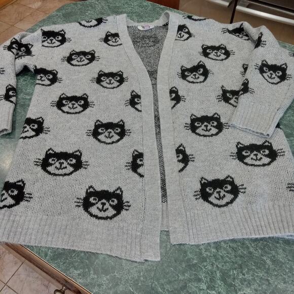Cardigan Juniors Xxxl 21 Gray Black Cat Print Knit Open Front Fuzzy Sweater 1x2x - Picture 1 of 10